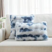 1pc Solid Color Cushion Cover Without Filler, Soft Faux Rabbit Fur Big Striped Cushion Cover, For Living Room Sofa - Bubble Velvet Blue and White - View 4