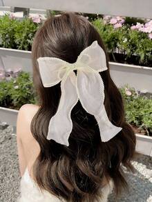 1pc Women's Solid Color Mesh Bow Hair Clip, Claw Clips - Beige - View 1