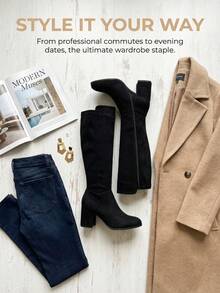 Botas altas de gamuza cómodas para otoño/invierno 2025, clásicas y a juego, perfectas con vestidos negros, de punta redonda, con cremallera lateral, tacón grueso, estilo ecuestre hasta la rodilla para mujeres - Negro - Ver 6