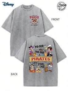 Disney Official Licensed  Pirates "Yo Ho Yo Ho A Pirates Life For Me" Double-Sided Graphic T Shirts 100 Percent Cotton  Shirt Washed 230g Unisex - 灰色 - 查看 1