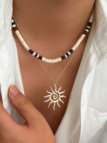 2pcs Beaded Necklace With Sun Pendant, Layered Necklace, Unisex Fashionable Necklace For Daily Wear, Summer - Multicolor - View 2