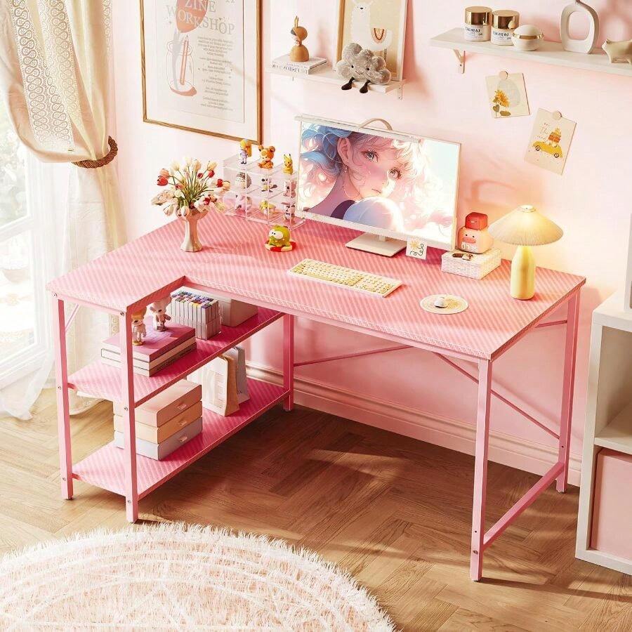 Computer Desk, Office Desk, Huuger L Shaped Desk, 47 Inches Computer Desk With Reversible Storage Shelves, Gaming Desk, Corner Desk Home Office Desks, Writing Study Desk With Metal Frame, Pink - 粉紅色 + 47 英寸 - 查看 1