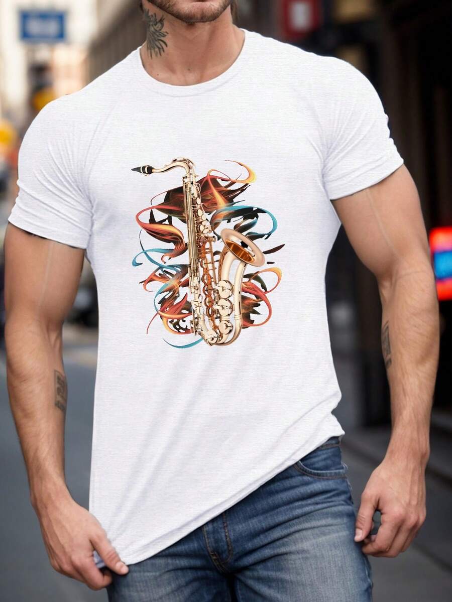 T-shirt imprimé avec illustration de saxophone doré en flamme, tee-shirts pour hommes, t-shirt décontracté à manches courtes pour l'été - Blanc - Voir 1