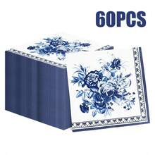 100/60/20pcs 13 * 13 Inch Disposable Blue Flower Patterned Napkins, Used For Various Occasions Such As Weddings, Christmas, Valentine's Day, Holiday Parties, Cafes, Friend Gatherings, Outdoor Picnics, Restaurants, Etc, - View 5