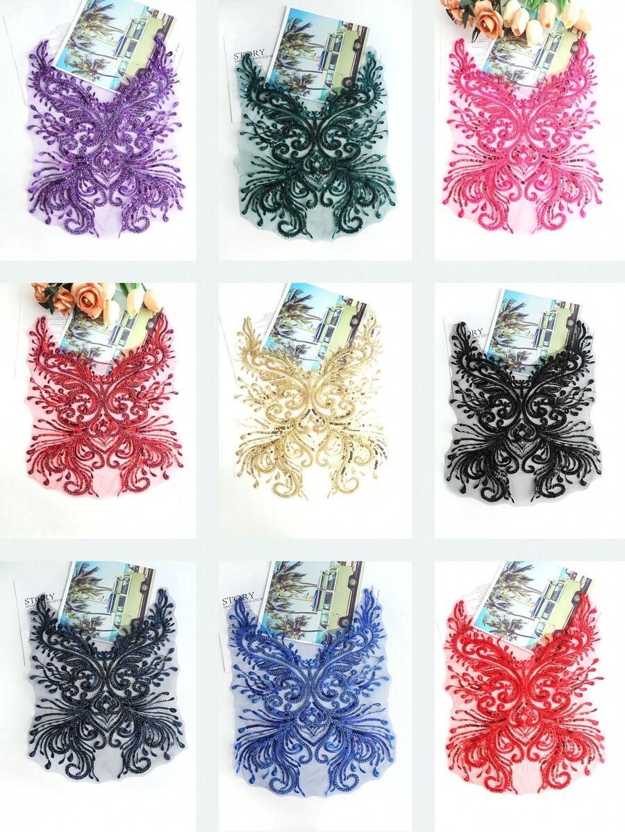 Miếng vá ren thêu thủ công mới, đính sequin và hạt cườm 3D, thích hợp để trang trí váy cưới DIY, chiều dài: 40CM, chiều rộng: 32CM - A - Xem 1