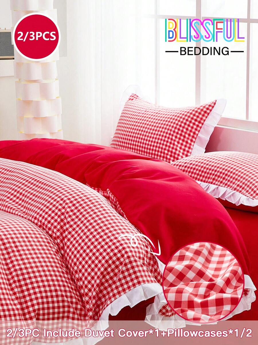 舒适2/3件套花卉蕾丝边纯色格子柔软床上用品组合。套装包含：1件花卉蕾丝被套 + 1/2件花卉蕾丝枕套（不含被芯和枕芯），隐形拉链，4个角带系带。适用于卧室、宿舍、旅行酒店住宿，四季皆宜。