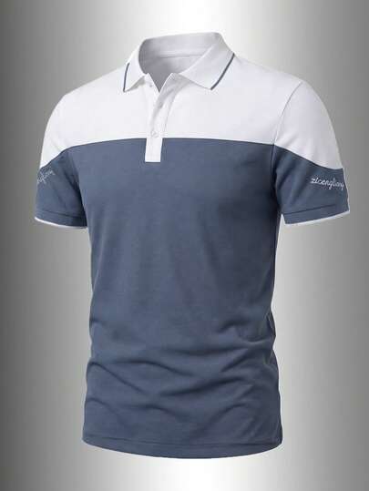 Manfinity Homme Men's Contrast Color Short Sleeve Casual Commuter Polo Shirt, Soft Fabric, Wrinkle Resistant, Embroidered Sleeve Cuff Details, Suitable For Urban Casual, Leisure And Outdoor Wear