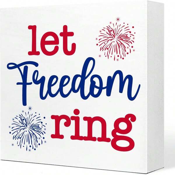 1pc 5*5inch(12.4*12.4cm) Let Freedom Ring Firework Independence Day Patriotic Wooden Plaque Sign Desk Decor Retro 4th Of July Wood Block Sign Desk Decorations For Home Bedroom Living Room Office Shelf Table Decor