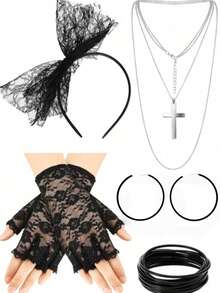 80s Retro Party Accessory Set, Including Lace Headband, Earrings, Fishnet Gloves, Necklace, Bracelet (Black) - Multicolor - View 4