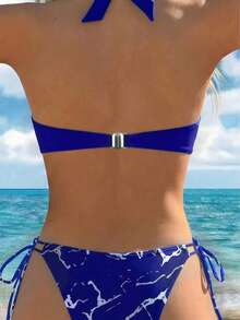 新款V领性感露背高腰比基尼套装，黑色花卉印花，适合夏季海滩度假 - 寶藍色 - 查看 5