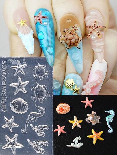 Ocean Silicone Nail Carving Mold Summer Sea Star Sea Turtle Shell Seahorse Wave Design Soft Gel Print Stencils Nail Art Stamping Plate DIY Nails Template Manicure Tools Accessories
