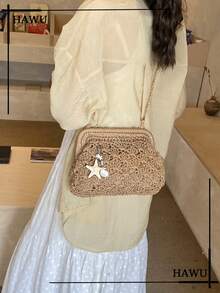 Starfish & Seashell Straw Clutch With Chain Strap | Summer Beach Vacation Essentials - Khaki - View 7