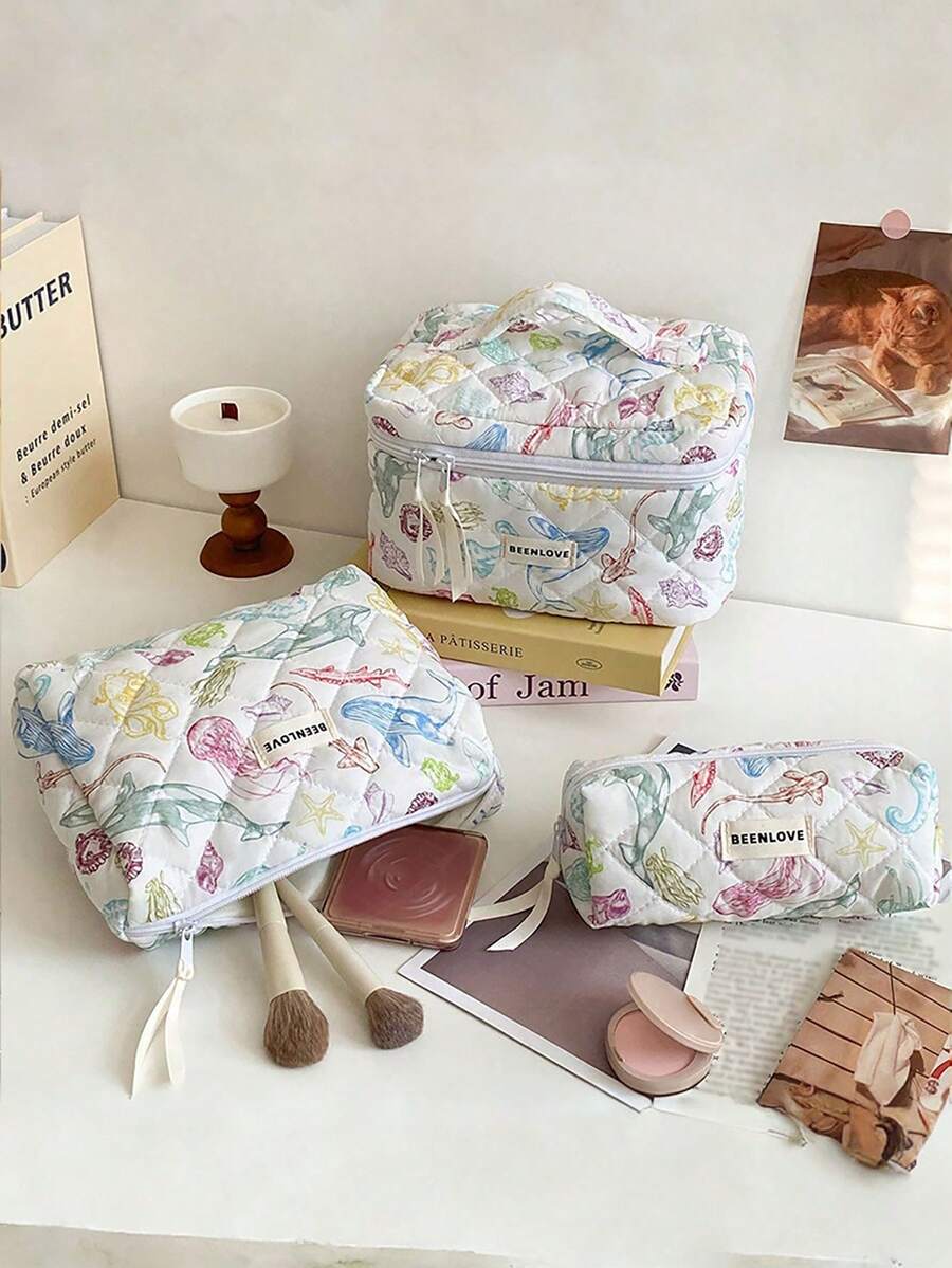 Marine Life Printed Portable Cosmetic Bag - Multicolor - View 1