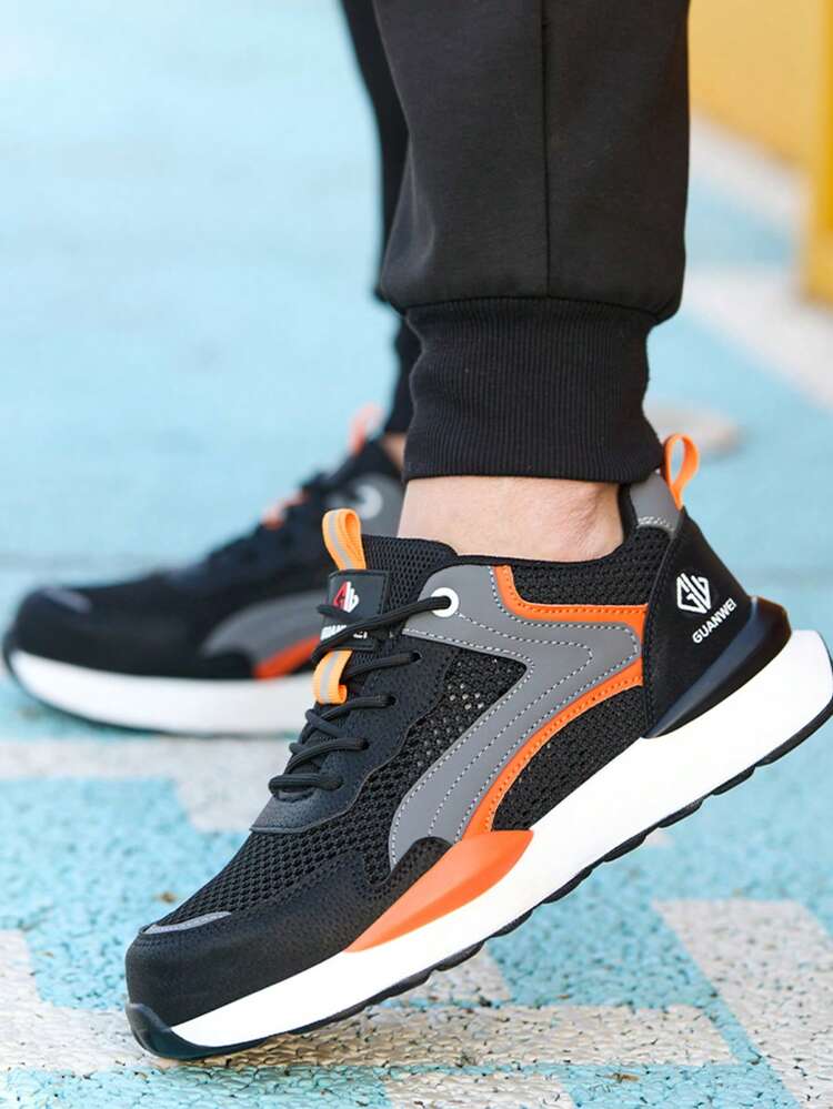 Chaussures de sécurité pour hommes, chaussures de travail neuves à lacets, semelle antidérapante, chaussures de protection confortables et respirantes pour la construction industrielle, chaussures de protection pour hommes pour le travail, printemps/été/automne - Noir et orange - Voir 5