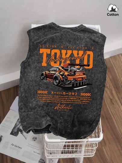 เสื้อกั๊กแฟชั่นฤดูร้อนสำหรับผู้ชาย Hemo ลายแข่งรถ ขนาดใหญ่พิเศษ ผ้ายืดเล็กน้อย สีดำฟอก เสื้อแขนกุดลำลองสำหรับใส่ในชีวิตประจำวัน