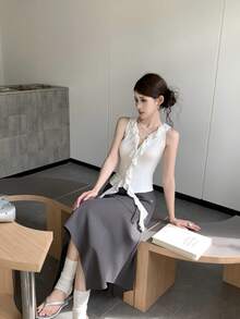 Sexy Tassel Asymmetrical Strap V-Neck Tie Ruffle Trim Fitted Camisole Top - White - View 3