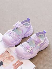 1 Pair Girls' Light Purple Princess Sandals, Decorated With Faux Pearl Bow, Mesh Synthetic Leather Closed Toe Anti-Collision Design, Breathable Non-Slip Thick Sole, Adjustable Hook And Loop, Suitable For Summer Beach, Outdoor And Daily Play - Purple - View 5