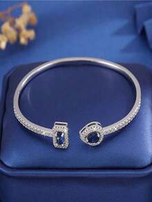 1pc Fashion Square Cubic Zirconia Decorative Bangle Bracelet, Blue/Silver Color, Suitable For Women Everyday Wear - Xanh đậm - Xem 11