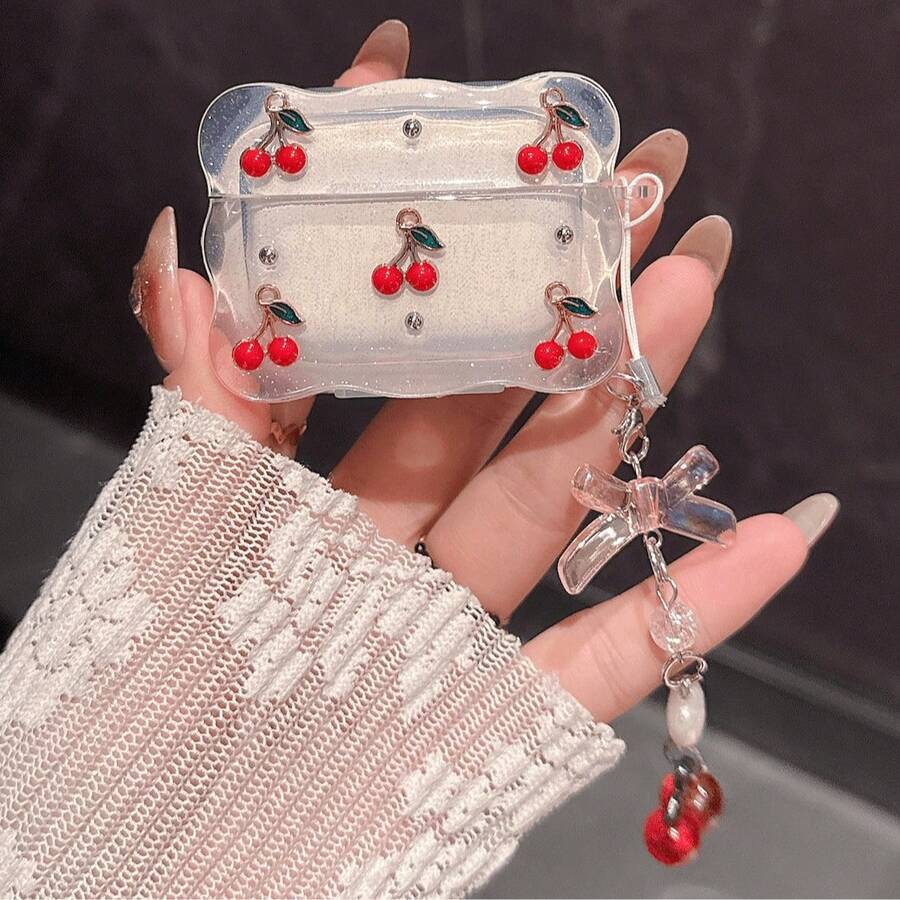 1pc Cute Cherry Bow Earphone Protective Case - With Delicate Cherry Bow Pendant. High-Quality Protective Case Compatible With Airpods 1/2/3/4/Pro/Pro (2nd Gen)/Pro 3. Shock-Resistant And Fashionable, An Ideal Gift For Girls And Teenagers. - Red Cherry - View 1