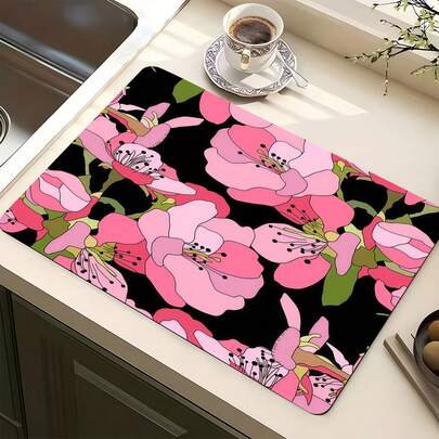 1件装厨房台面深红色樱花图案吸水防滑垫，耐热垫，适用于咖啡吧装饰、家庭餐桌装饰