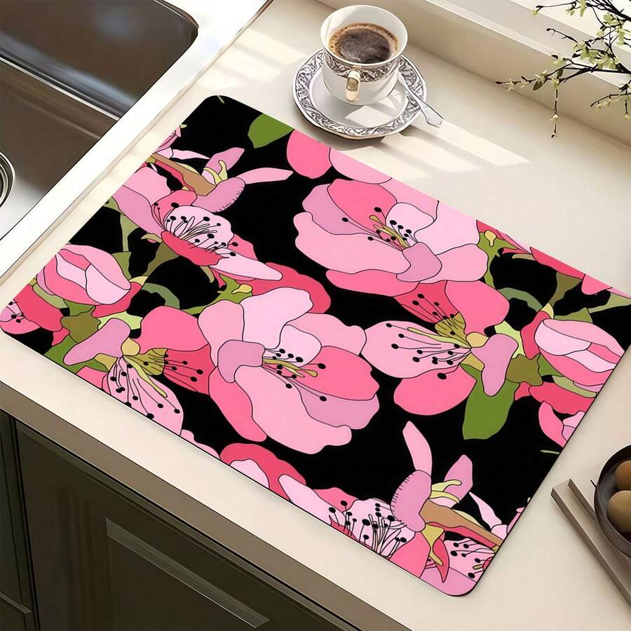 1pc Kitchen Counter Crimson Sakura Bloom Pattern Absorbent Non-Slip Coaster, Heat Resistant Tabletop Decoration For Coffee Bar, Home - Pink and White Checkered Pattern - View 1