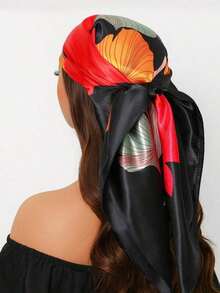 Vintage Print Satin Square Scarf, Black & Red Color Block Headscarf, Fashion Women's Neckerchief, Y2K Style Hair Accessory - Lá đen - Xem 1