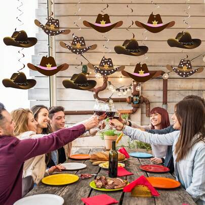 21件套西部牛仔派对装饰品，狂野西部悬挂式旋转牛仔帽，成人天花板彩带，牛仔男孩生日派对用品（经典款）