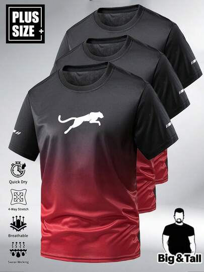 Plus Size Men's Gradient Color Short Sleeve Round Neck T-Shirt, Leopard Print Sportswear, Plus Size Multifunctional And Comfortable T-Shirt, Spring/Summer Sporty Style Clothing, Best Gift For [Someone], Valentine's Day Gift