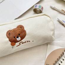1pc Cute Cartoon Bear Embroidered Pencil Case, Korean Style, Student Stationery Pouch, Large Capacity Pen Bag, Cosmetic Bag, Makeup Brush Holder, Student Stationery Supplies - Bear Embroidery - View 7