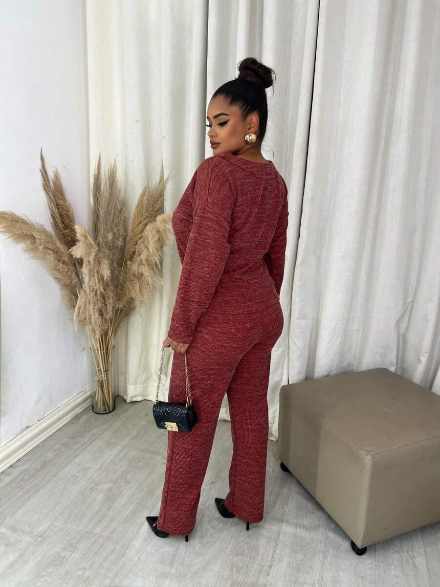 Women's Winter Set In Ribbed Wool Knit – Long-Sleeved Blouse And Pants With Functional Pockets And Elastic Back | Comfortable Casual Elegant Autumn/Winter Look - 摩卡棕 - 查看 1