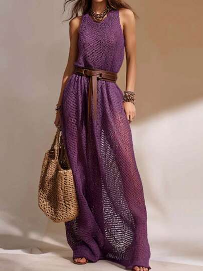 Women's Knitted Crew Neck Sleeveless Solid Color Hollow Out See-Through Long Dress, Casual & Comfortable, Spring/Summer