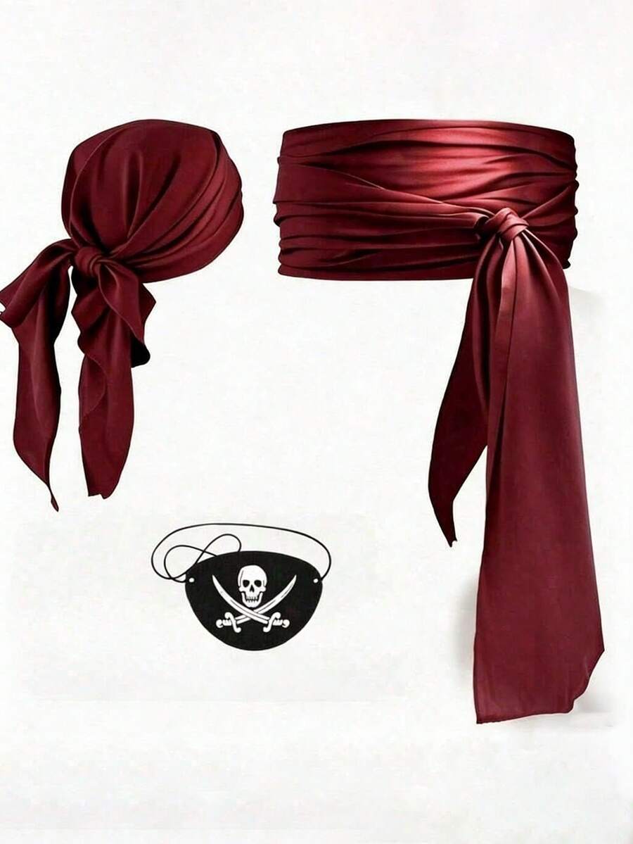 [Boat Crossing] 1/3 Pieces Of Halloween New-Style Voile Fabric Pirate Headscarf Belt Felt Skull Eye Mask. Fun Cosplay Medieval Renaissance Pirate Costume With Pirate Mask. Valentine's Day Mask-Wearing Dance Party, Christmas Party, Magical Costume Props, New Party Attire. - Multicolor - View 1