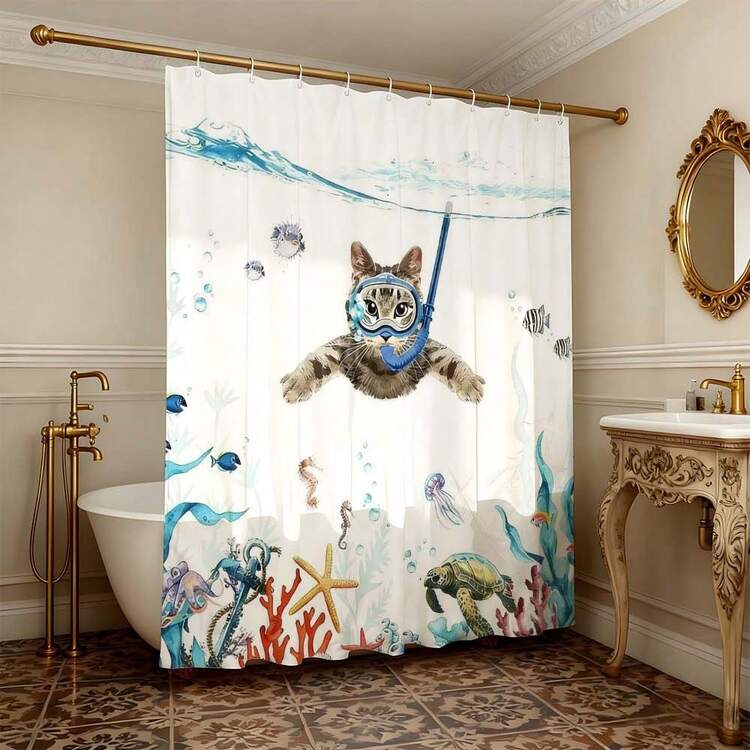 Playful Snorkeling Cat Ocean Adventure Shower Curtain Waterproof Mildew Resistant Polyester Bath Curtain For Bathroom Decor Whimsical Marine Bathroom Accessories With Hooks Thickened Privacy Curtain For Shower Stall Bathtub Easy To Install Clean Quick Dry Bathroom Partition Curtain For Home Hotel Apartment Spa Stylish Underwater Pattern Shower Curtains Non Fading Water Repellent Bathroom Curtains Essential Shower Accessories - White - View 6