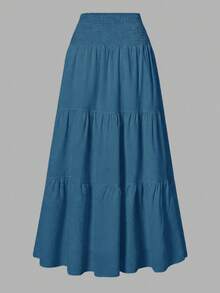 Women's Solid Color Minimalist Versatile Ruffle Hem Bubble Crinkle Feeling Semi-Sheer Skirt Summer - Teal Blue - View 3