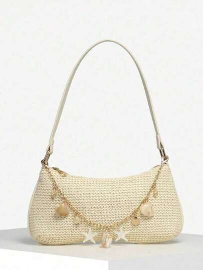 1pc Women's Vintage Resort Ocean Creature Faux Pearl Cherry Faux Fur Tail Woven Crossbody Bag, Suitable For Dates, Outings, Vacations , Beach