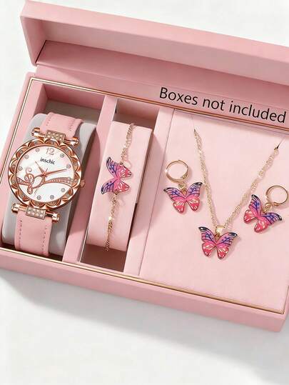 5pcs/Set Teenage Quartz Analog Watch With Pink Strap, Compact & Minimalist Design, Note Pattern, Comes With Butterfly Beaded Necklace, Bracelet, Earrings Jewelry Set, Best Birthday Gift For Her, Suitable For Daily Wear, Parties, Festivals, Back To School