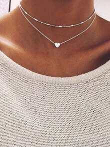 极简心形多层项链，个性化创意吊坠颈链 - 銀色 - 查看 2