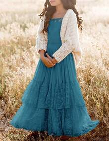 2026 Girls Elegant Lace Flower Boho Dress Long Sleeve Backless Square Neck Ruffle Party Maxi Dress - 04 藍綠色 - 查看 5