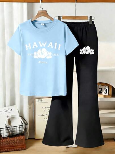 Hawaii temalı baskılı kısa kollu tişört ve bol paça pantolondan oluşan 1 takım, günlük bol kesim, spor tarzı yuvarlak yakalı tişört, genç kızlar için mükemmel yaz hediyesi, okul ve dış mekan giyimi için ideal, ilkbahar/yaz.