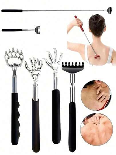 4-Piece Back Anti Itch Kit - Extendable Stainless Steel Rod, Back Massager, Ergonomically Designed Handle, Suitable For Hard To Reach Areas, Suitable For Placing In Cars, Bedrooms, Offices, Etc., Portable Anti Itch Scraping Device, Portable Anti Itch Tool, Suitable For Both Men And Women, Parents And Teenagers, Exquisite Gift, Home Decoration, Massage Tool, Back To School Season, Gift For Women, Gift For Men, Gift For Family