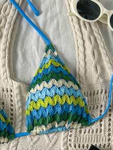 Women's Bohemian Style Bikini Set, 2 Pieces Swimsuit With Unique Fabric, Spaghetti Strap & Open Back Design Vacation - Blue - View 4