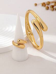 2pcs Teardrop Shaped Bracelet And Open Ring Set - 金色 - 查看 4