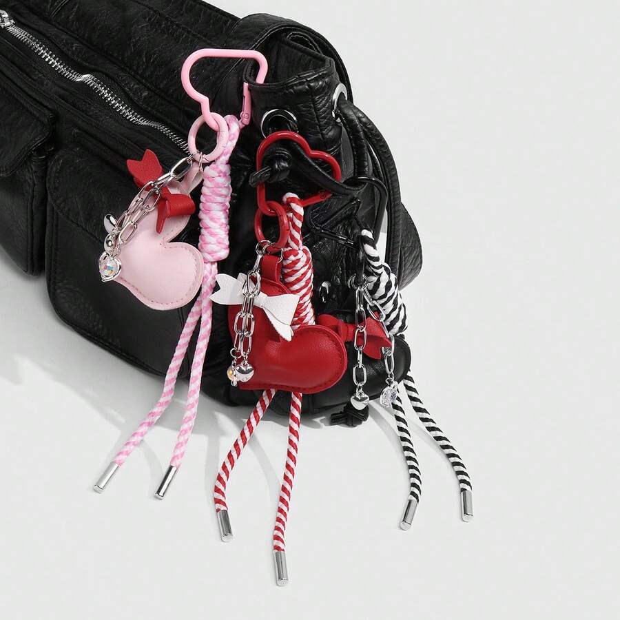 Y2K 时尚蝴蝶结心形包包挂饰，独特编织钥匙扣吊坠，女士钥匙扣吊坠 - 蝴蝶结心形挂饰，背包装饰，日常配饰，送给她的完美礼物，编织环设计，包包挂饰 - 彩色 - 查看 1