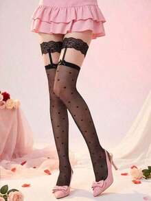 1 Pair Heart Thigh High Socks, Solid Color Ultra-Suspender Over--Knee Socks Women, Suitable Valentine's Day, Couple Dates, Holiday Parties - Đen 2 - Xem 6