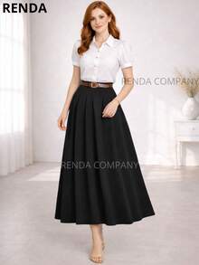 Women's Elegant High-Waisted Midi Skirt With Belt, Evangelical Fashion, Classic Social Style - 黑色 - 查看 2