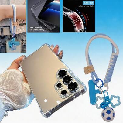 1pc Transparent Anti-Drop Galaxy Phone Case + Blue Star Bell Football Phone Lanyard, Suitable For Galaxy S26/ S26 Ultra/S26 Plus/S25/S25 Plus/S25 Ultra/ S25 Edge/Galaxy Phone Case, Phone Lanyard, Cover, Phone Case, Phone Protective Case, Phone Shell, Phone Cover, Anti-Drop Phone Case, Minimalist Phone Case, Solid Color Phone Case, Transparent Four-Corner Anti-Drop Phone Case, TPU Phone Case, Military-Grade Anti-Drop Phone Case, Lightweight Phone Case