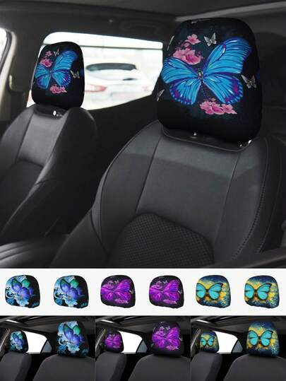 1pc/2pcs/4pcs Butterfly Print Car Headrest Cover, Double-Sided Personalized Print, Fits All Models, No Filling Design, Easy Installation, Funny Car Interior Decor For Male/Female Driver/Passenger - Car Seat Headrest Protector