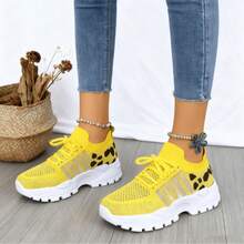 Lightweight Mesh Leopard Print Sneakers Lace-Up Style With Cushioned Sole Flexible & Comfortable Ideal For Gym Workouts Walking And Casual Daily Wear. - Upgrade Yellow - View 4