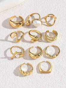 11pcs Punk Style Rings Set, Vintage Geometric Rings Set, Fashion Personalized Jewelry Gift, Suitable For Daily Outfit And Party Accessories [Some Rings Are Open But Not Adjustable, Please Do Not Forcibly Bend Them Or They Will Break, Sizes Are Marked] Random Pearl Color - Vàng - Xem 6