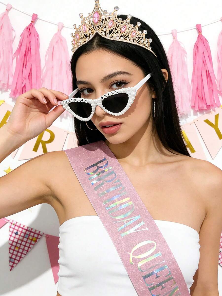 Bộ 3 món: Khăn choàng và vương miện Nữ hoàng sinh nhật & Kính, Khăn choàng sinh nhật màu hồng kèm vương miện, Trang trí tiệc sinh nhật cho bé gái, Quà tặng sinh nhật cho bé gái - Nhiều màu - Xem 1